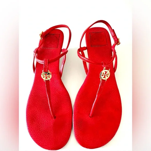 Tory Burch Emmy Leather Thong Wedge Sandals Red 9.5M - Picture 1 of 6